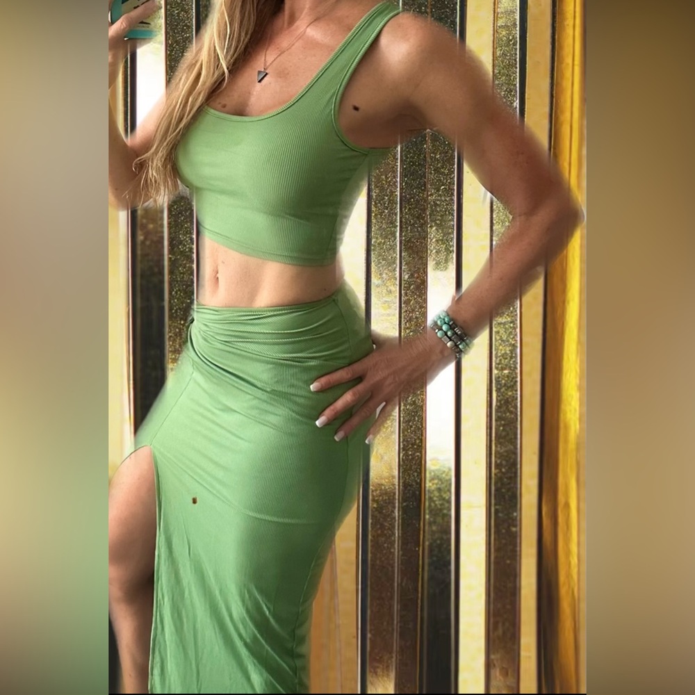Green Ribbed Crop Top and slit Skirt Set